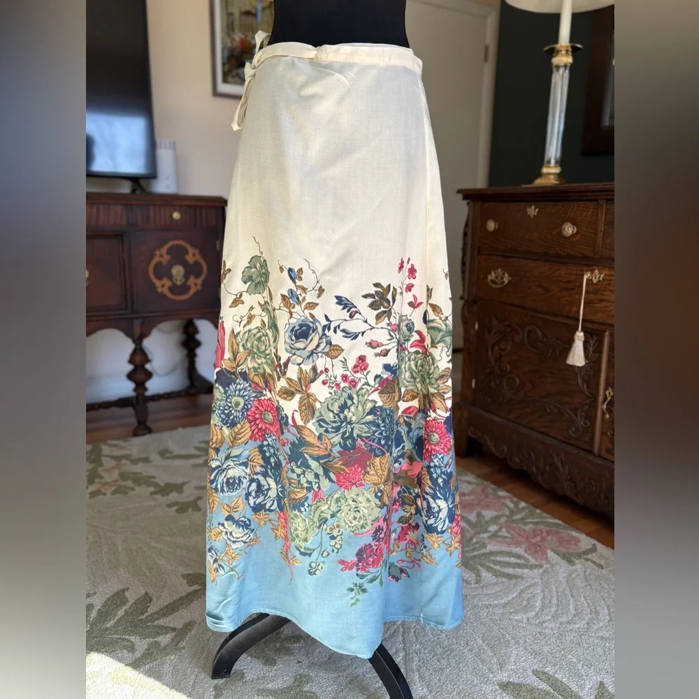 🌸 Vintage Floral Wrap Skirt – Cottagecore Linen Blend | One Size 🌸 - Picture 4 of 8